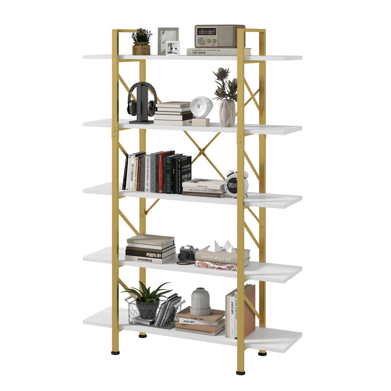 Gold and White 71"H 5-Tier Metal Frame Bookcase