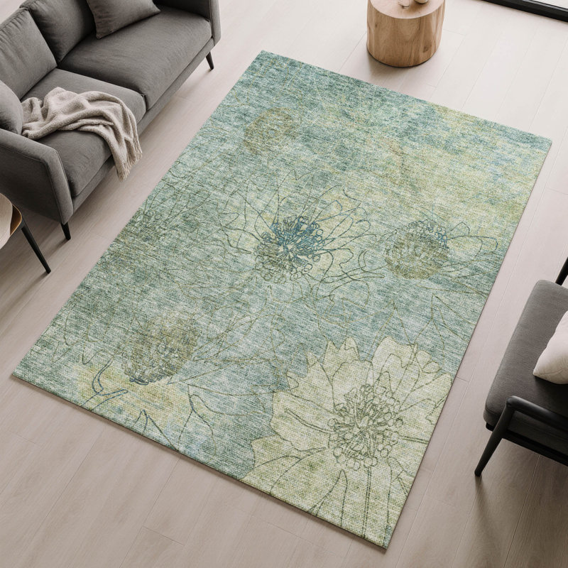 Premium Machine Washable Mayfield AMF2235 Floral Rug, Seafoam, 9' x 12'