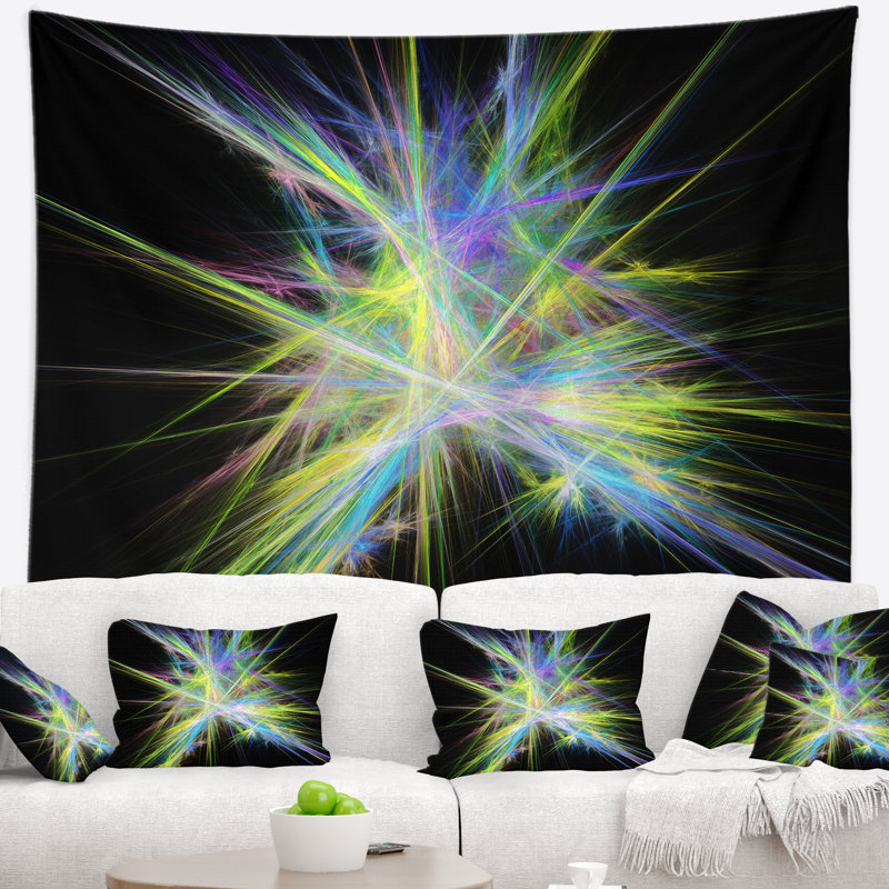 Tapisserie abstraite multicolore à rayons chaos jaune et bleu, H 32 po x l 39 po