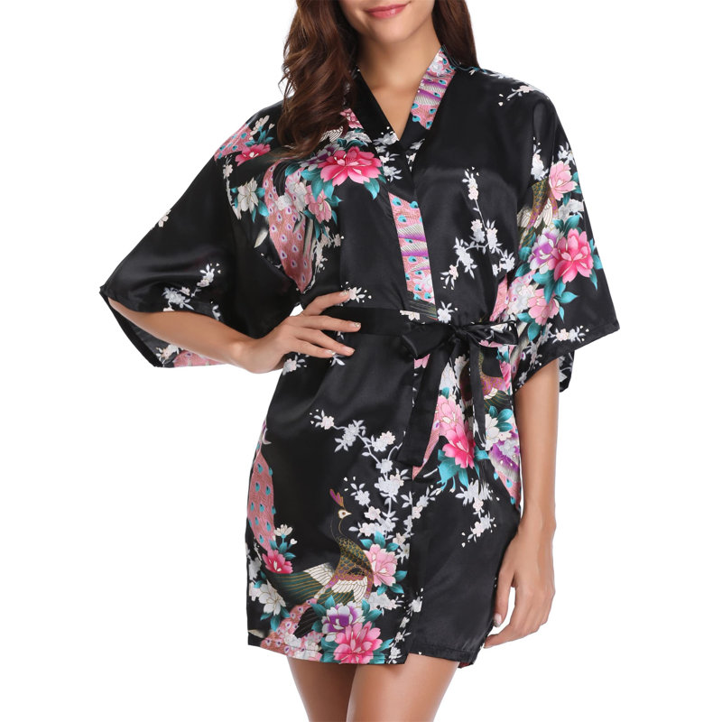 Ceres Satin Above Knee Bathrobe, M, Black