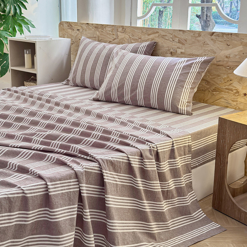 Striped Bed Sheet Set 4 Pieces Soft Washed Cotton 1 Flat Sheet 1 Fitted Sheet 2 Pillowcases, Brown Striped