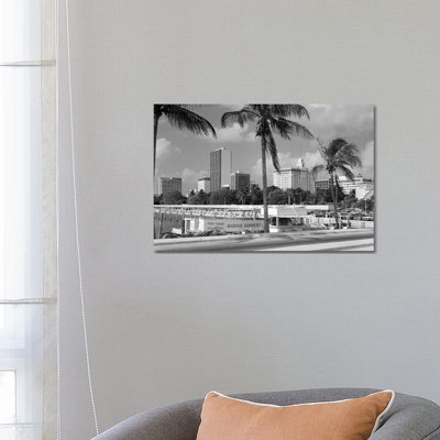 1970s Sightseeing Boat At Pier Day Light Skyline Palm Trees Miami Florida USA - Wrapped Canvas Print