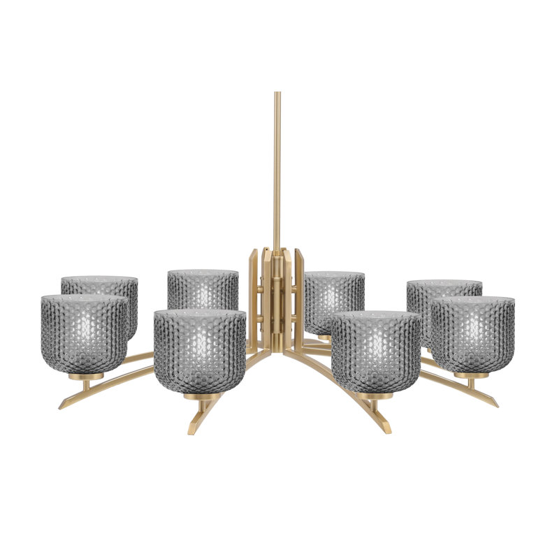 Lustre 8 lumières kurve présenté en finition nouvel âge en laiton avec verre texturé de 6 po, Noir / transparent