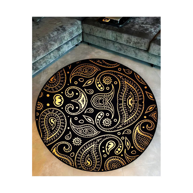 Yellow Black Ethnic Abstract Patterns Woven Base Decorative Carpet, Round 3'4"