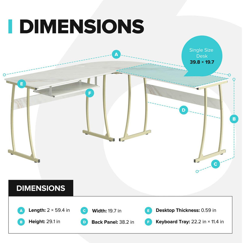 RIF6 L Shaped Modern Computer Office Desk w/ Keyboard Tray, Easy Assembly, White/Gold