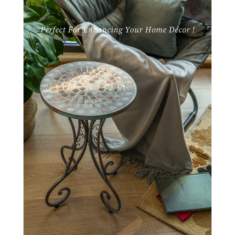 Seashell Mosaic Patio Table And Plant Stand, Outdoor Side Table For Patio With 14" Ceramic Tile Top