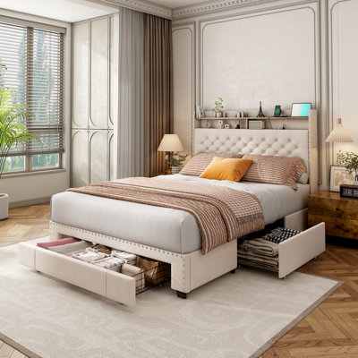 Upholstered Platform Bed Frame with 3 Drawers and RGB LED Lights, Bed with Storage Headboard and Charging Station