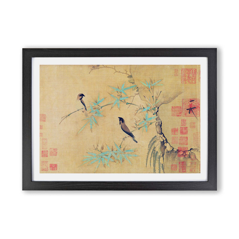 Finches On Bamboo by Zhao Ji - Single Picture Frame Painting, 45cm H x 63cm W x 2cm D, Black