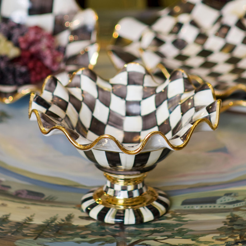 Handcrafted Ivory and Onyx Ceramic Round Compote Platter