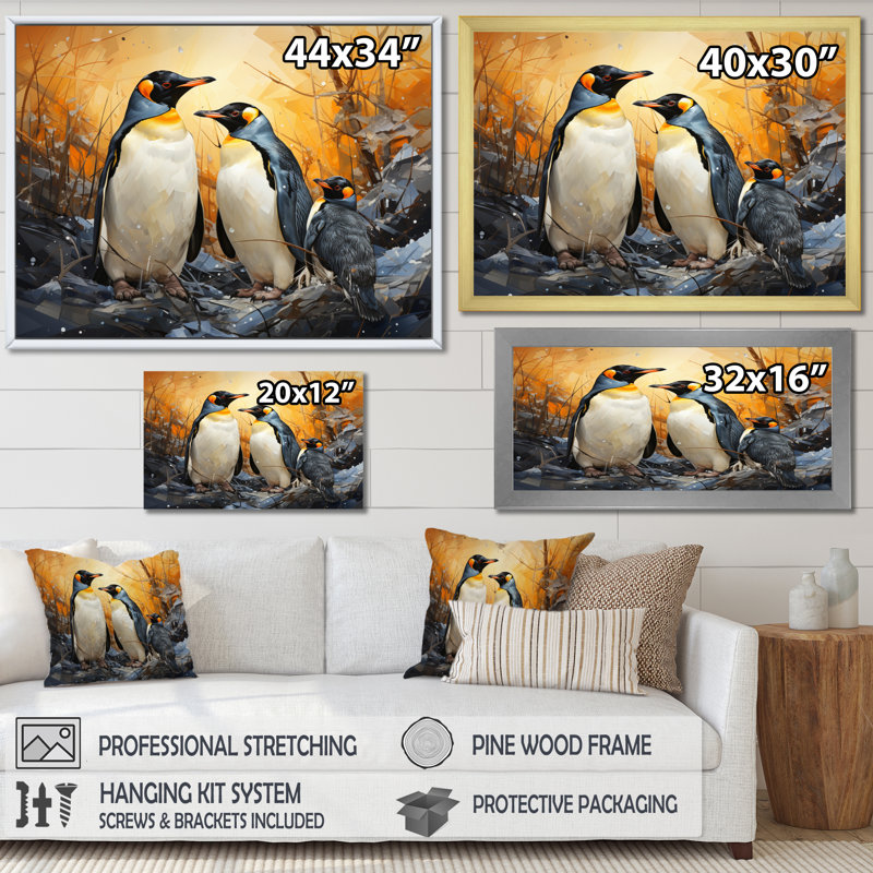 Multicolor Geometric Penguins Journey II - Animals Wall Art Living Room, Cadre naturel flottant, H 16 po x l 32 po x P 1 po