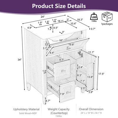 Meuble-lavabo 24 po avec lavabo, armoire en bois massif et panneau de fibres à densité moyenne avec un tiroir rabattable, deux tiroirs standard et une tablette réglable, meuble-lavabo moderne autoportant pour les petites salles de bain et les salles d'