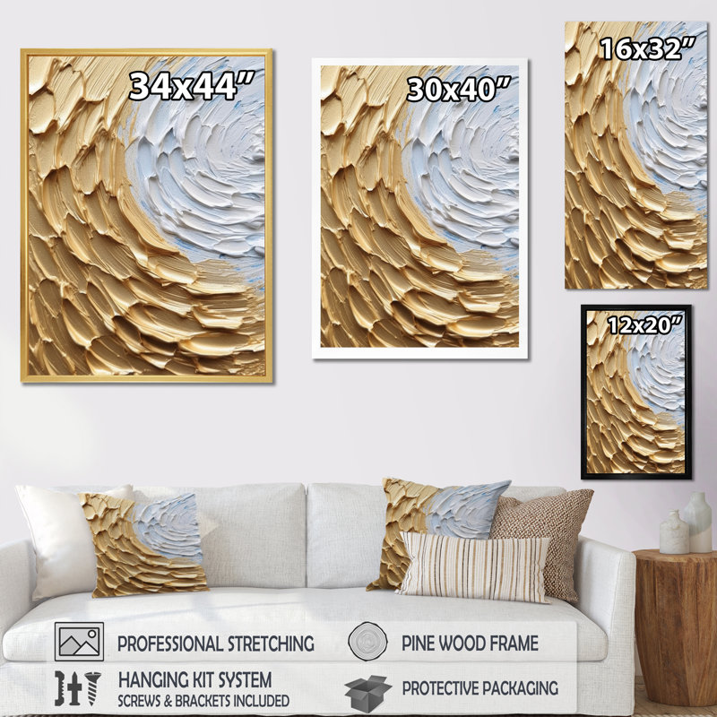 «Gold Cream Infinite Swirls III - Abstract Spirals», art mural sur toile, Cadre flottant noir, H 44 po x l 34 po x P 1,5 po