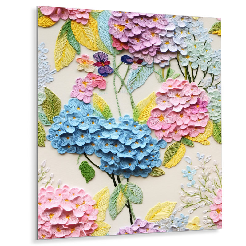 Fleurs d'hortensia bleu pastel vibrant - rose, Sans cadre, métal, H 20 po x l 12 po