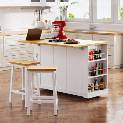  53inch Large Kitchen Island with Drop Leaf, Power Outlet, Door Internal Storage Rack, Rolling Kitchen Storage Cart on 5 Wheels with 5 Open Side Racks, 3 Drawers, for Kitchen, Dining Room,Black