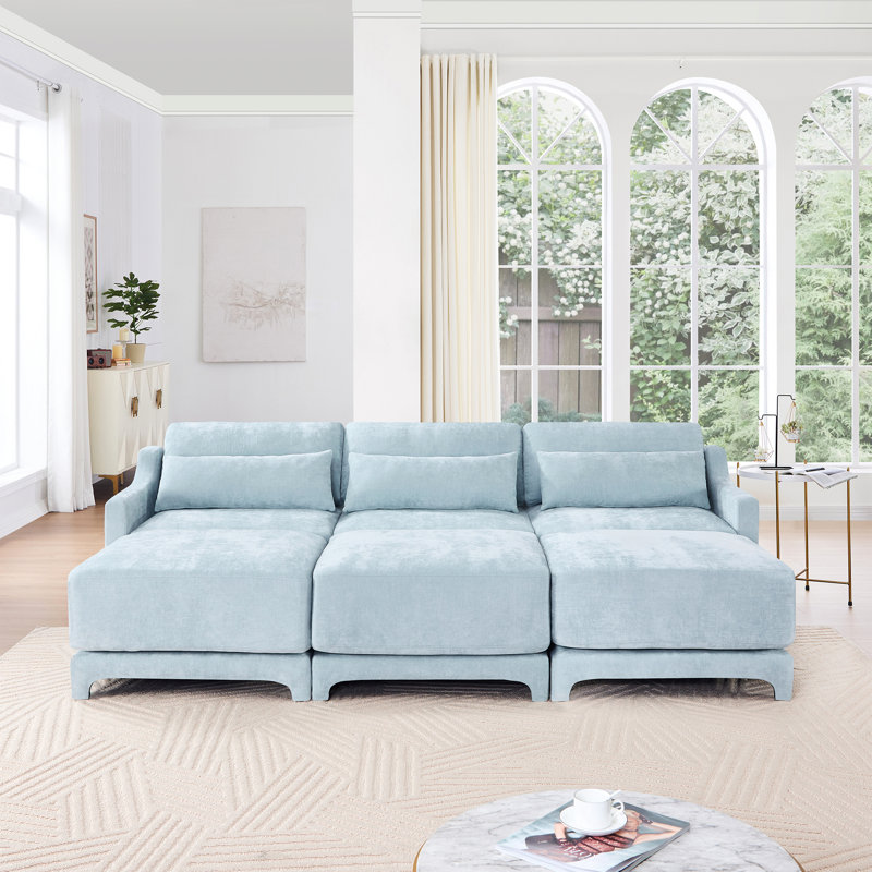 Chenille bleu ciel à trois places avec repose-pieds assortis, conception ergonomique, base en bois, placement flexible, soutien lombaire d'apparence exquise 3, sièges confortables en bois sur mesure, convenant à