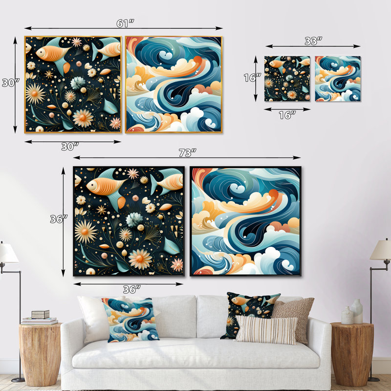Ricciardi poisson éclectique côtier - ensemble de 2 collages carrés abstraits, Cadre flottant noir, H 16 po x l 33 po