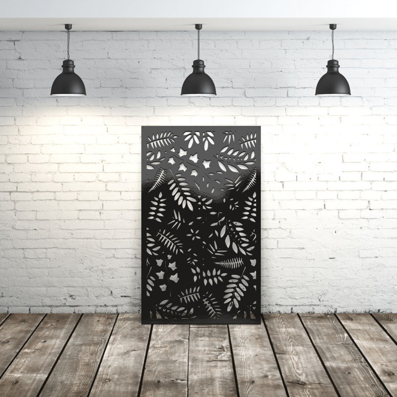 Panneau d'intimité en aluminium découpé au laser Herb Leaves, L 48 po x H 48 po, Noir mat