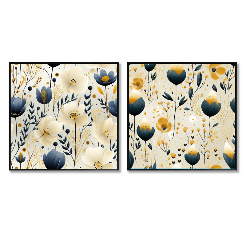 Gregoire - Ensemble de 2 collages carrés botaniques abstraits, Cadre flottant noir, H 36 po x l 73 po