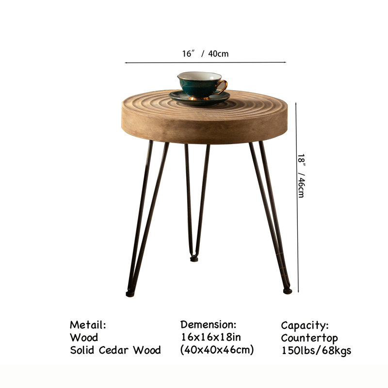 Table d'appoint ronde en bois de cèdre massif 16 po avec plateau texturé, 18" H x 16" L x 16" W