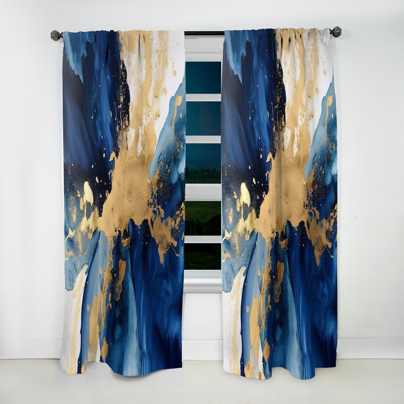 Dark Blue and Gold Strokes VIII - Modern Velvet Curtain - Room Darkening - 1 panel, 52" W x 90" L