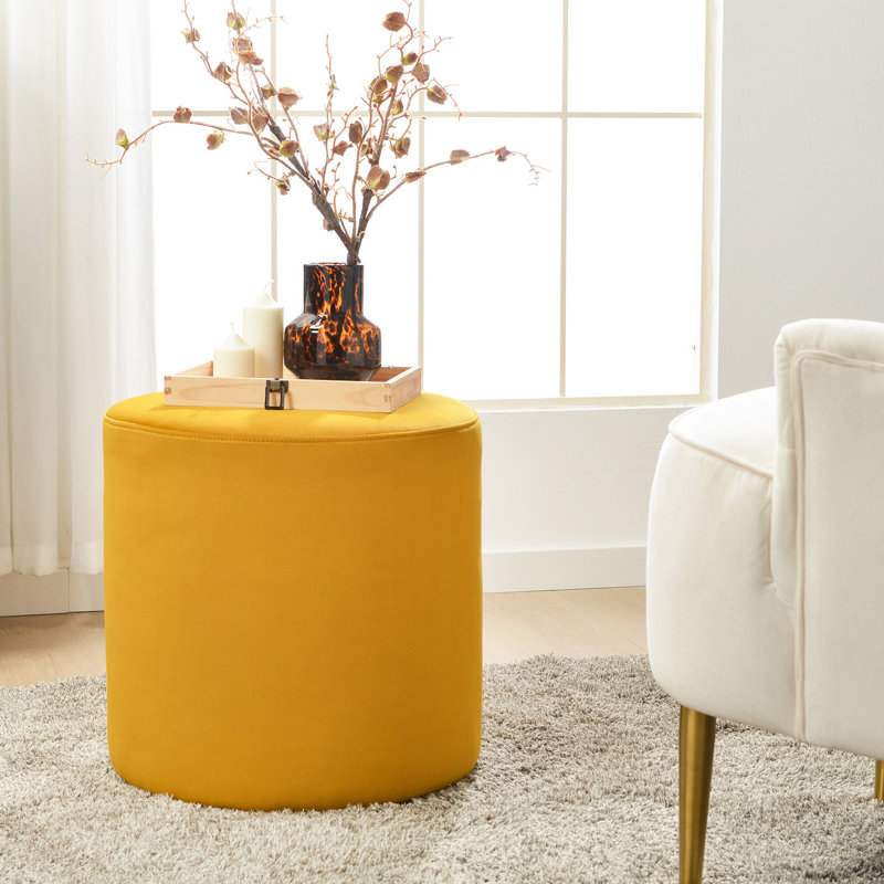 Brynnen 18'' Wide Modern Round Upholstered Ottoman, Yellow Velvet