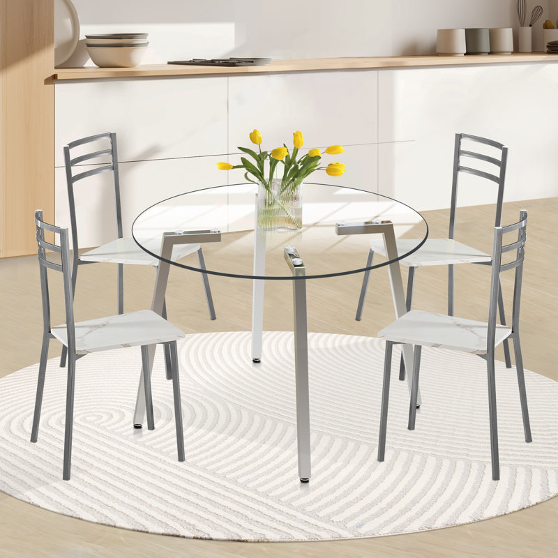 Allisandra Round Unfinished Glass Top Metal Base Dining Table, Silver