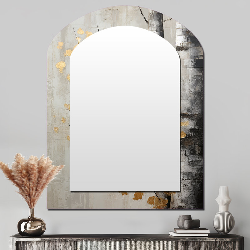 Tree Whispers Of Grey and Gold - miroir mural décoratif asymétrique monochrome, miroir arqué traditionnel, impression sur métal
