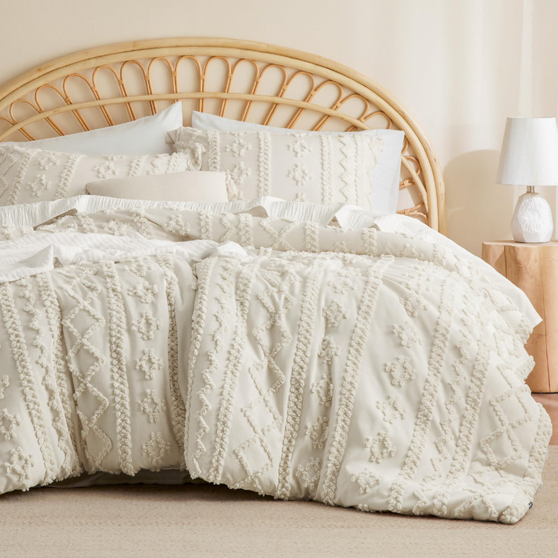 Ensemble d'édredon touffeté Boho, Lit simple, Ivoire ivoire