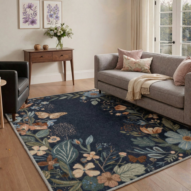 Aazad Florette Floral Machine Washable Grey / Green / Blue Indoor Area Rug with Non-Slip Backing, Rectangle 8' x 10'