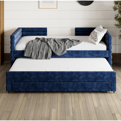 Lit de jour simple rembourré avec lit gigogne et 3 tiroirs de rangement, canapé-lit en chenille pour chambre d'amis, salon, structure de lit de jour moderne peu encombrante, pas de sommier tapissier nécessaire