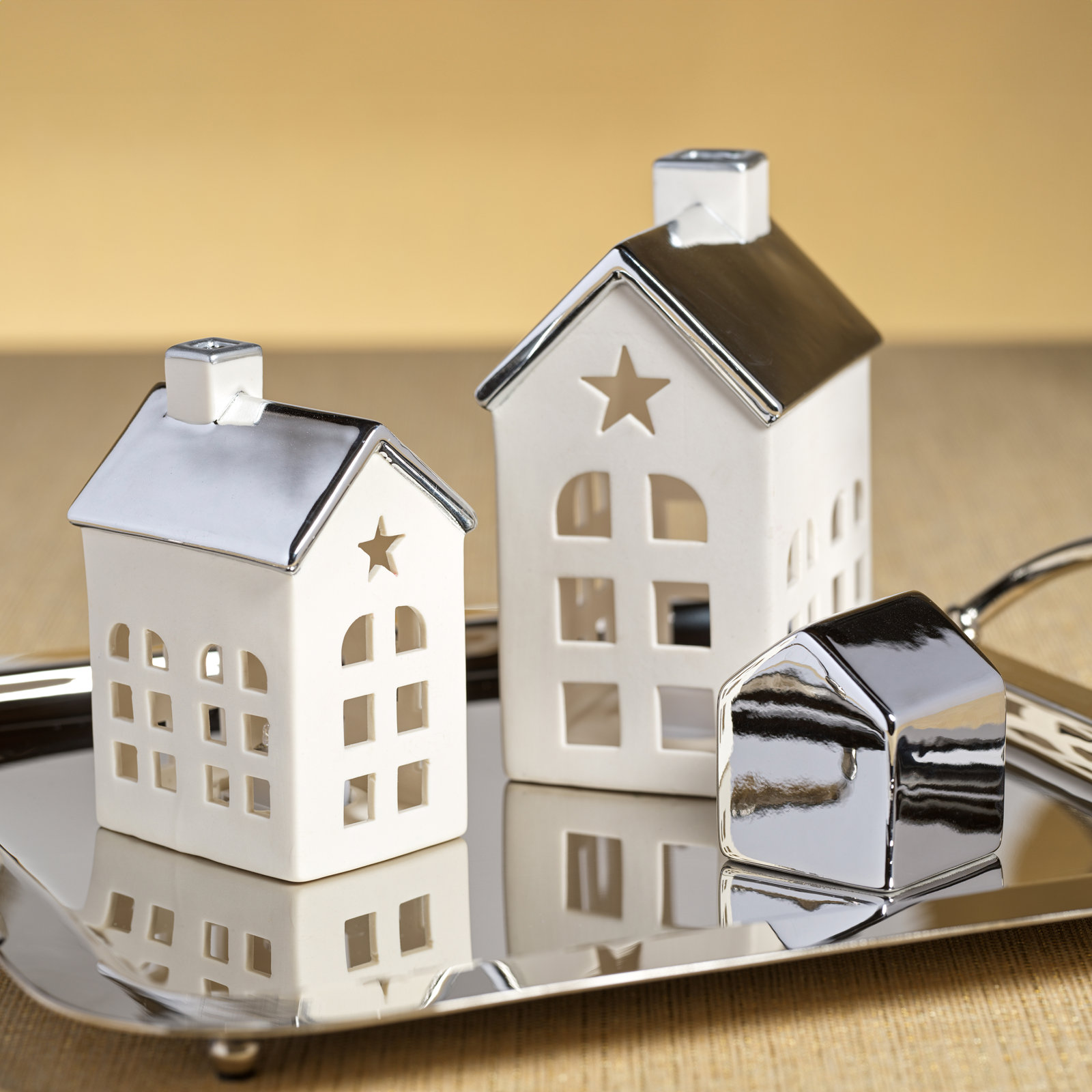 2-Piece Lighted Porcelain Village House Set, 5.5" H x 4" W x 3" D, Silver/White