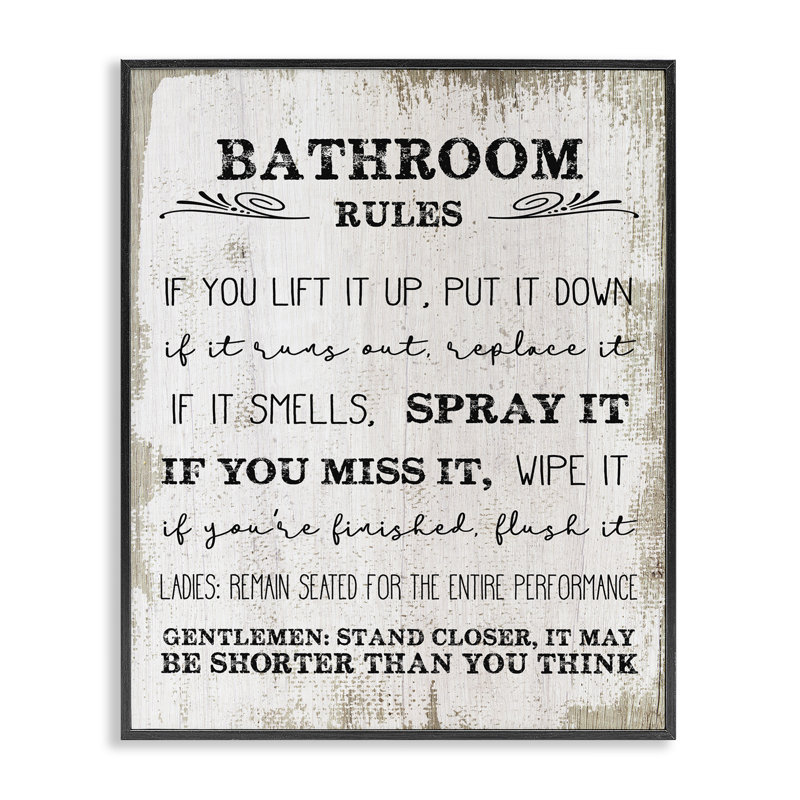 'Bathroom Rules Funny Word Wood Textured Design' Graphic Art on Canvas, 20" H x 16" W, Black Framed