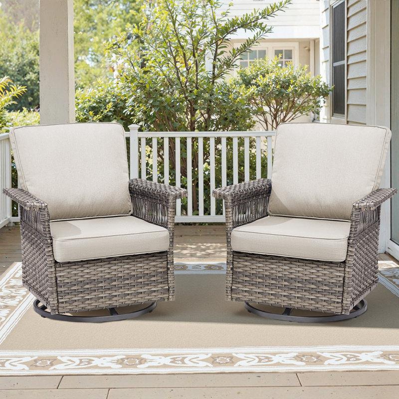 Anferney All Weather Wicker Outdoor Rocker Swivel Patio Chair with Cushions (Set of 2), Beige, Gray