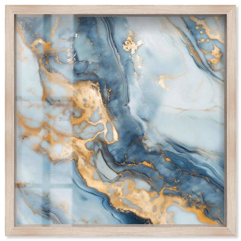 «Golden Cloud Marble Shadowbox», art abstrait bleu par Art Remedy, H 13 po x l 13 po, Crème, crème