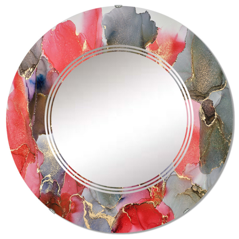 Rouge et gris, art abstrait fluide de luxe - miroir mural moderne rond, 32 po x 32 po