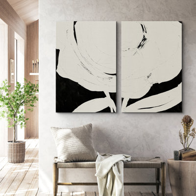 BAW " Black And White Paint Stroke Print Abstract Decor Art Minimalist Geometric Shape Print " 2 - Pieces