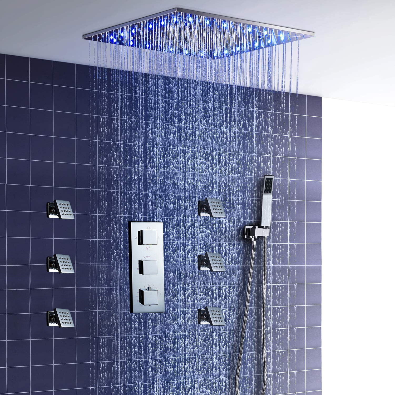 Genoa Square Thermostatic Bath Shower Set with Rainfall Shower Head & Hand  Shower