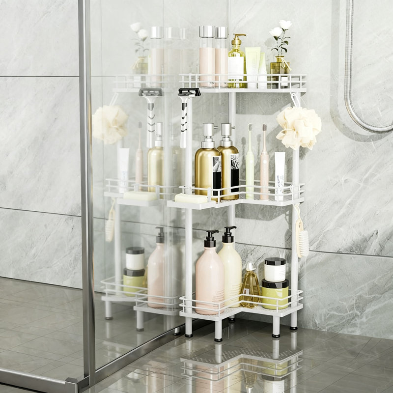 Étagère de douche de coin debout, organisateur de douche avec porte-savon et 4 crochets, tablette d'angle de grande capacité pour salle de bain, 3 niveaux (blanc)