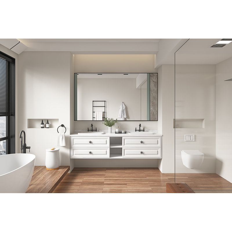 Meuble-lavabo mural blanc de 84 pouces avec cadre en acier pour lavabo double