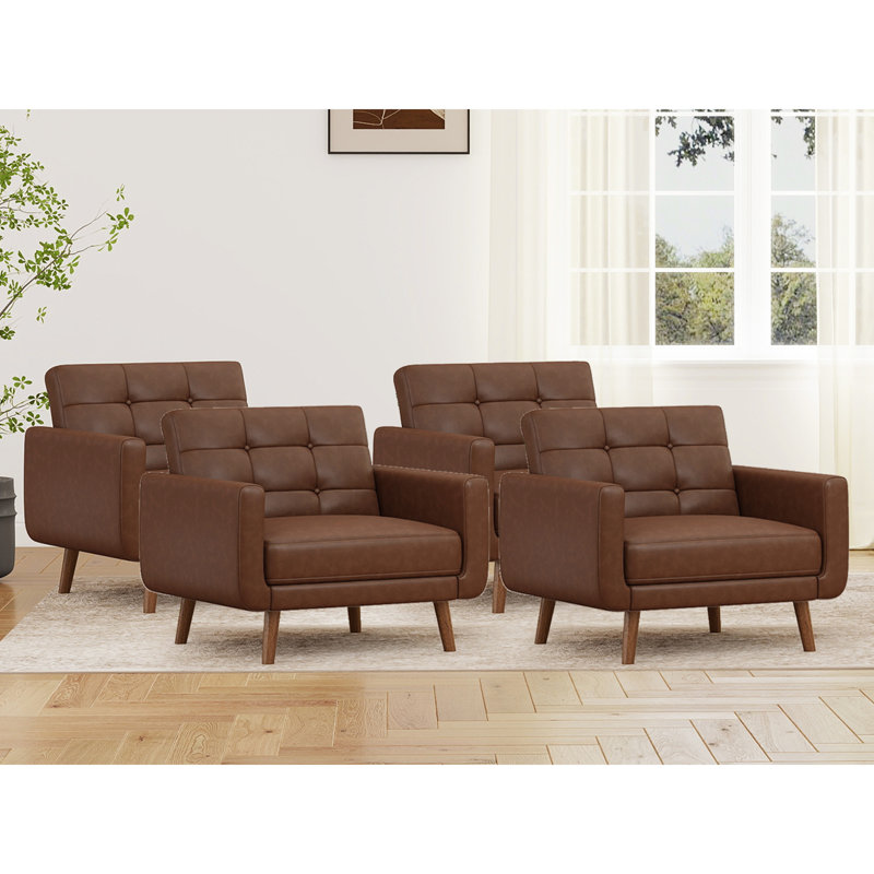 36.61" Wide Tufted Upholstered Faux Leather Accent Armchair (Set of 4 ), Brown