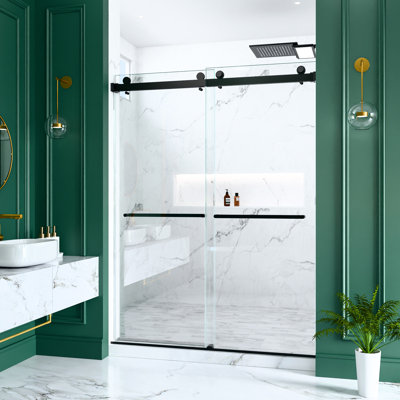 Double porte de douche coulissante, l 56 à 60 po x H 80 po, verre trempé épais de 3/8 po de 10 mm, largeur réglable noir mat, configuration réversible, joint étanche, ouverture de cadre, imperméable, construction
