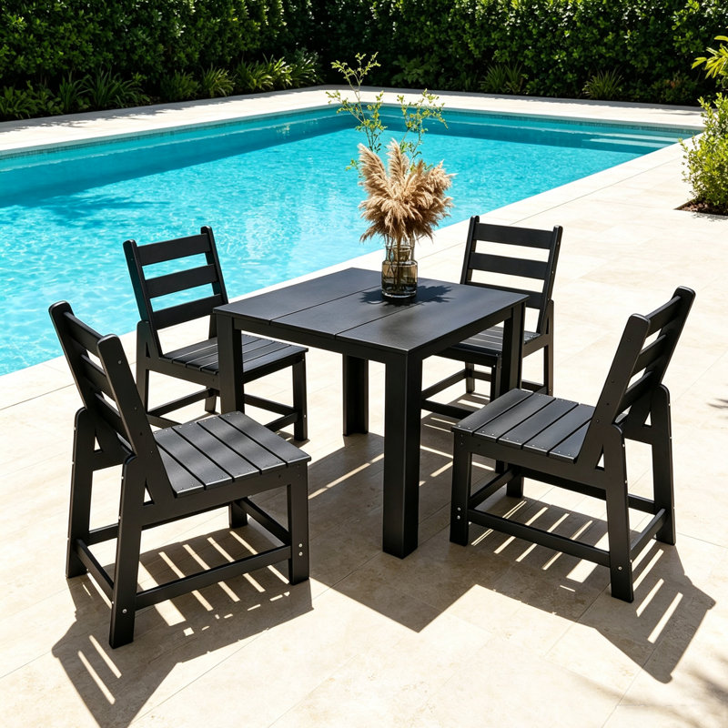Ensemble repas 5 pièces avec trou pour parasol en PEHD, Noir