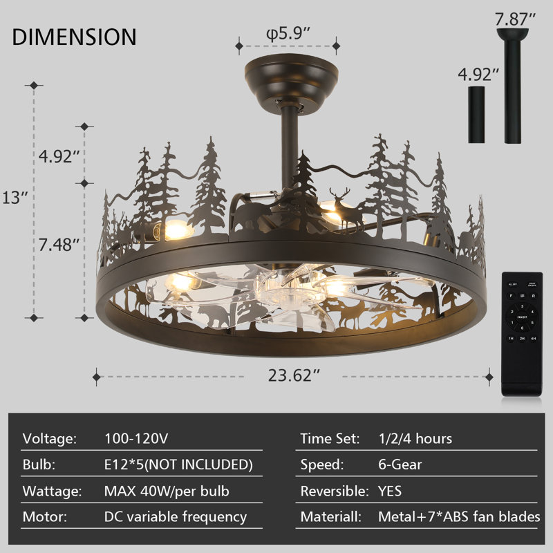 23.62"  5-Light Farmhouse Ceiling Fan With Light, Reversible 6 Speeds and Remote Included, 23.62" Wide, Clear/Matte Black