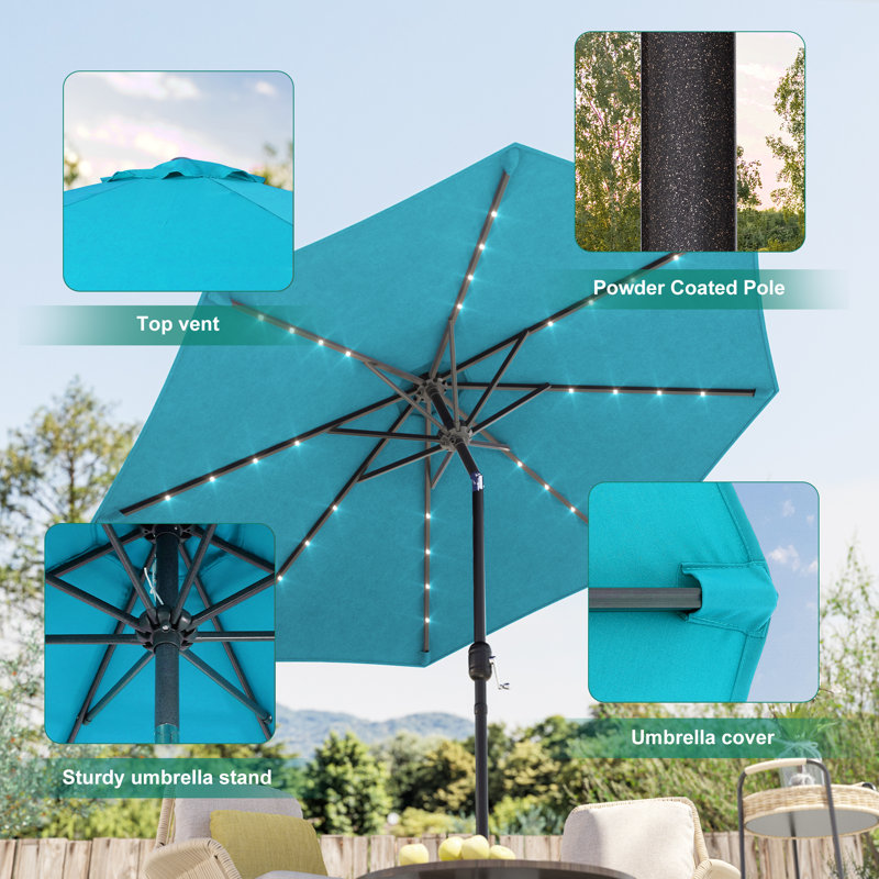 Parasol de patio 10 pi DEL, cadre de marché avec cadre en métal robuste à 8 nervures, Bleu lac