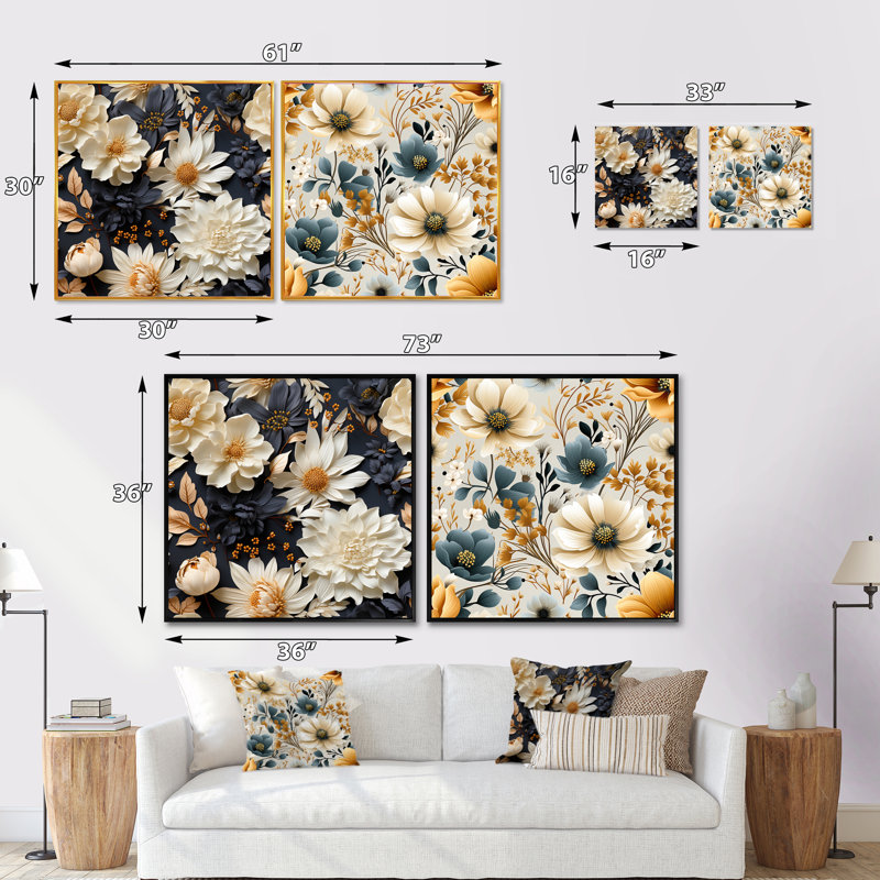 Larocque - Ensemble de 2 collages carrés floraux, Cadre flottant doré, H 36 po x l 73 po