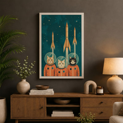 Astronauts and Golden Rockets Mid-Century - Wrapped Canvas