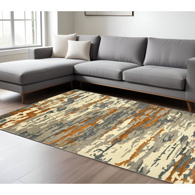 Tapis orange en laine touffeté à la main abstrait 9 pi x 13 pi ivoire et vert