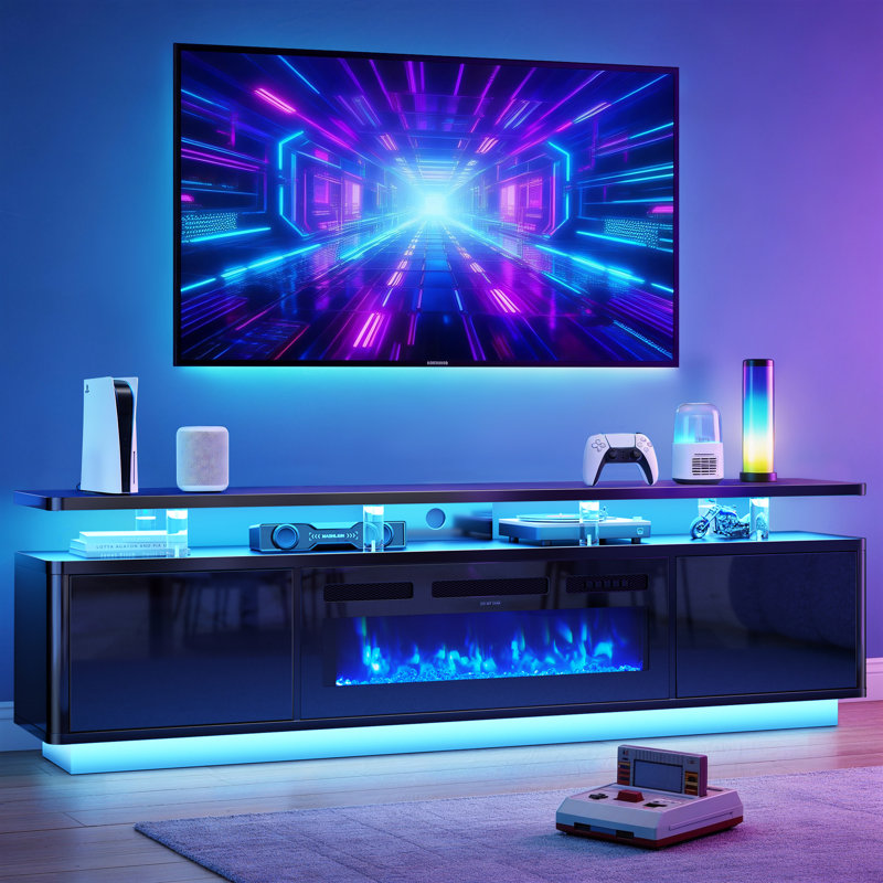 80" 2-Tier Modern TV Stand With 36" Electric Fireplace, Entertainment Center Fits TVs Up to 90", Black