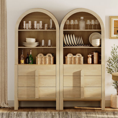 Ensemble de 2 garde-manger arqués de 71 po de hauteur, ensemble de 2 présentoirs en bois avec tiroirs et tablettes arquées, armoire Mid-Century polyvalente pour la salle à manger, la chambre à coucher