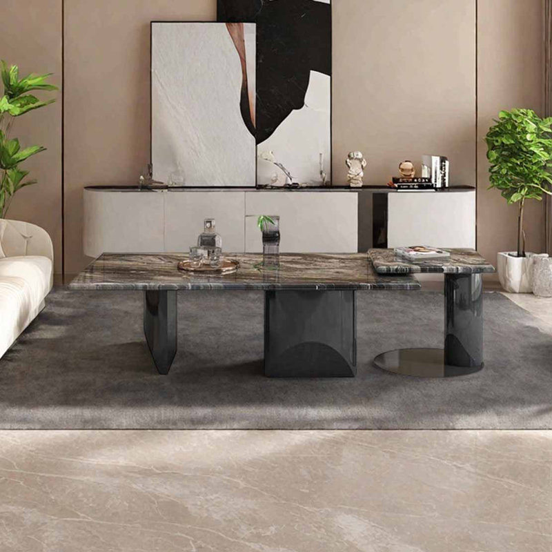 Table basse rectangulaire en marbre clair, H 15,4 po x L 55,1 po x l 31,5 po, Gris / Noir